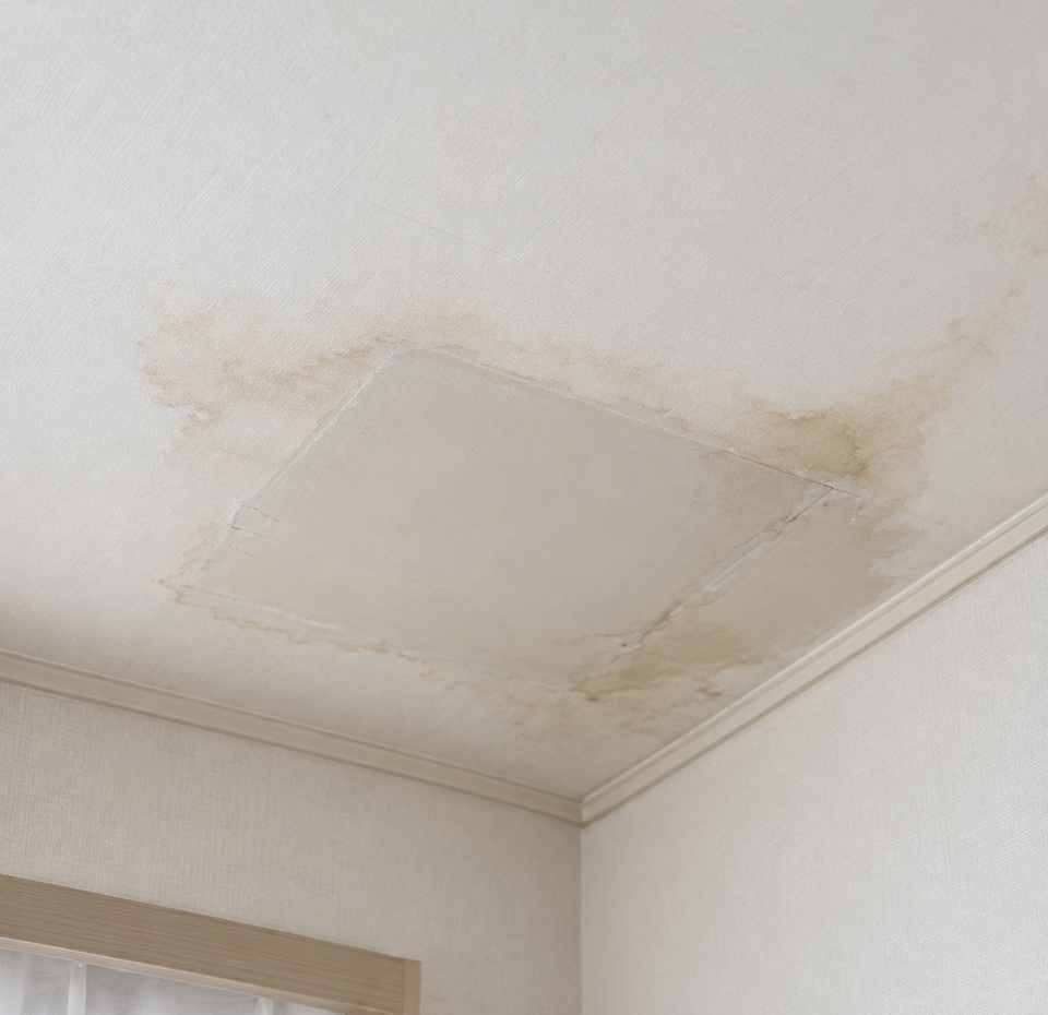 補修跡のある天井に再び水染みが出ているイメージ。実際の事例写真ではありません。